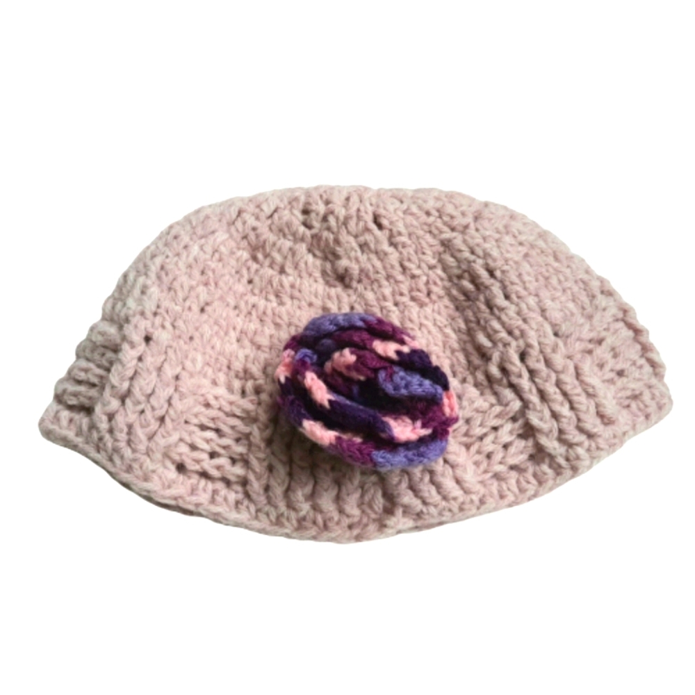 Hand knit pink hat purple flower 3 to 6 years